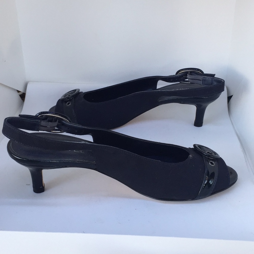 Vaneli Navy Blue faux suede sling backs.